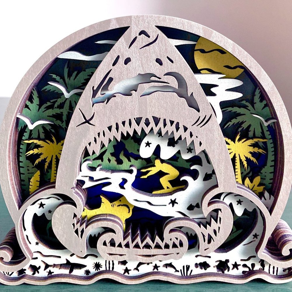 Great White Shark Ocean Tropical Surfer Surfing Wood Wooden 3D Diorama NIB